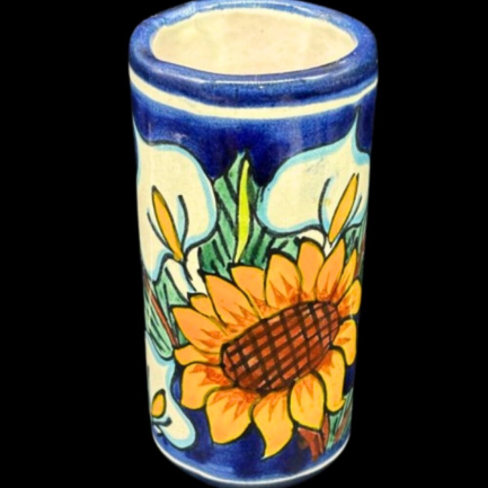 Vintage Mexican Talavera Pottery Hand Painted Sunflowers Tumblers Drink Set 2 - Picture 4 of 6